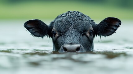 Wall Mural - A black cow is swimming in the water