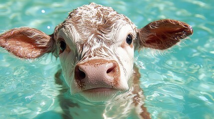 Wall Mural - A brown and white cow swimming in a pool of water