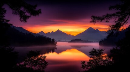 Wall Mural - Serene sunrise over a tranquil lake, surrounded by majestic mountains and misty forests