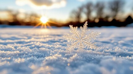 A snowflake in the middle of a snow covered field