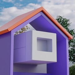Leinwandbilder - A purple house with an orange roof and a white box inside.