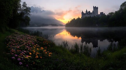 Wall Mural - Serene sunrise over a tranquil lake with blooming flowers and a majestic castle backdrop