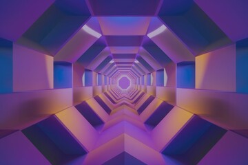 Aufkleber - Abstract geometric tunnel with vibrant purple and orange neon lights creating a mesmerizing perspective.