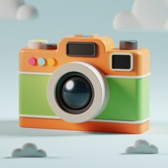 Aufkleber - A charming cartoon camera, vibrant orange and green, sits against a soft blue backdrop with fluffy clouds.