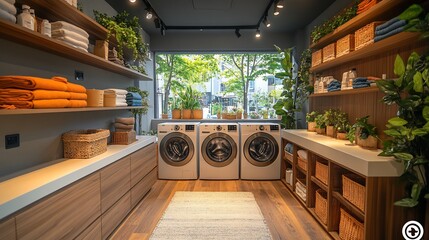 Wall Mural - Spacious laundry area with a clean white countertop designed for product showcases complemented by a washing machine shelves stocked with colorful clothing and lush plants adding a fresh touch