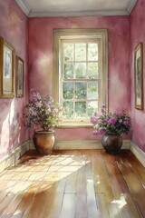 Wall Mural - Sunlit room, pink walls, potted flowers, hardwood floor.