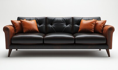 Canvas Print - Black leather sofa, brown pillows, wooden legs.