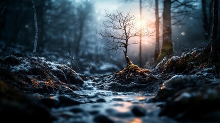 Aufkleber - Nature's serenity a tree's resilience in a misty forest stream capturing emotions in a tranquil landscape