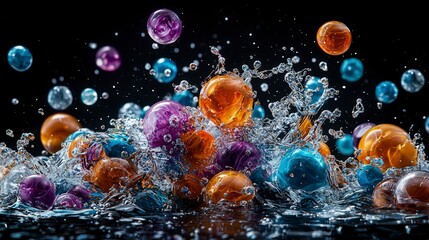 Poster - Dynamic water splash with colorful orbs studio setting high-speed photography dark background capturing energy and motion