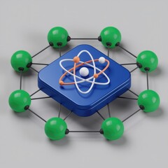 Fototapete - Atom model connected to green spheres representing a network or interconnected system.