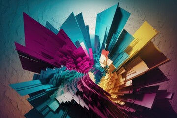 Poster - Abstract 3D artwork featuring vibrant, colorful geometric shapes forming a swirling vortex.