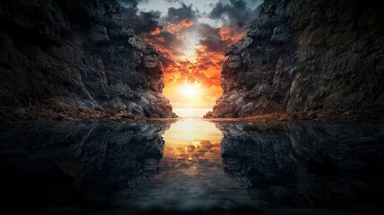 Wall Mural - Sunset reflection between rocky cliffs coastal view landscape photography serene atmosphere nature concept