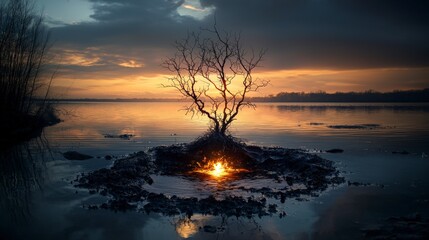 Wall Mural - Mystical sunset fire on isolated island lake view nature photography tranquil atmosphere reflection of memories