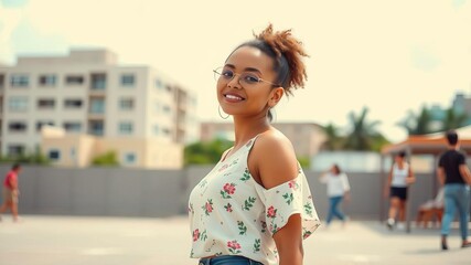 Fashionable ethnic woman posing in front of a vibrant blue sky backdrop, outdoor, trendy, summer