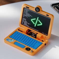 Poster - A miniature orange laptop displaying code, symbolizing programming and technology.