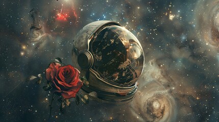 a cracked astronaut helmet with a rose growing out of it, floating in the cosmos with galaxies and n