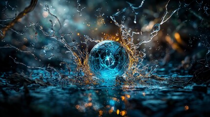 Poster - Water splashing around a crystal ball nature photography mystical environment close-up other dimensions perception