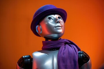 Leinwandbilder - A childlike android robot, wearing a purple hat and scarf, gazes upward.