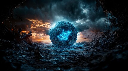 Poster - Ethereal energy sphere emerges from turbulent waters dramatic landscape digital art nature’s duality