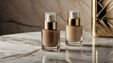 Elegant display of foundation bottles on a marble surface with luxurious accents in a well-lit setting