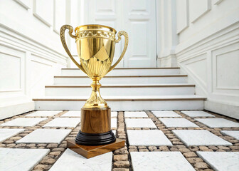gold cup on the table, champion golden trophy for winner background. success and achievement concept