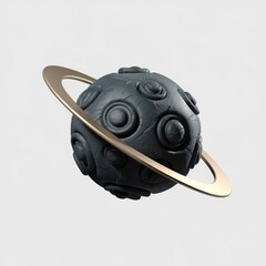 Poster - A dark gray planet with a gold ring, textured surface, 3D render.