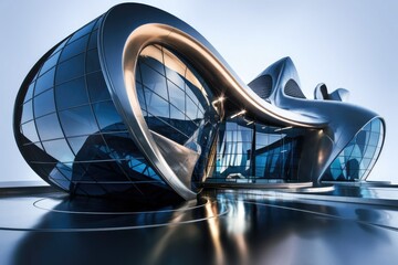 Leinwandbilder - Futuristic architectural marvel, sleek curves and metallic sheen, reflecting modern design.