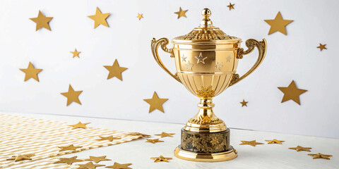 gold cup with a ribbon, champion golden trophy for winner background. success and achievement concep