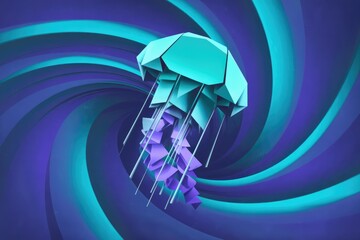 Fototapete - Abstract 3D rendering of a jellyfish in a swirling, vibrant teal and purple vortex.