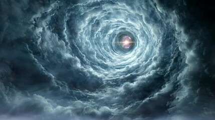 Wall Mural - Spiral cosmic vortex with glowing light at its center surrounded by stormy clouds. Space and mystery concept. Seamless loop video background