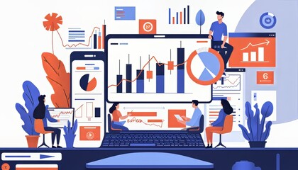 Wall Mural - Diverse professionals analyzing data on large digital screens in a modern workspace.