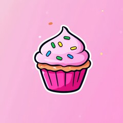 A vibrant pink cupcake with sprinkles, set against a soft pink background, exuding sweetness and delight.