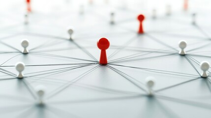 Centralized Network Red Pin Connected to White Pins in a Complex Web