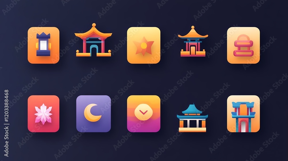 Vibrant Asian Temple Icons App Design Colorful Ui Kit Stock ...