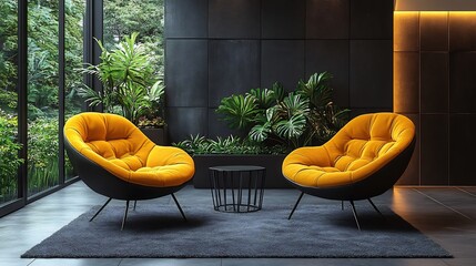 Wall Mural - stylish lounge area with sophisticated yellow armchairs featuring a soft curved design and black met