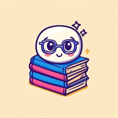 Wall Mural - A cute, cartoon character with glasses sits atop colorful books, embodying a love for reading and learning.