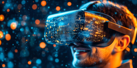 A man joyfully uses a VR headset, exploring a vibrant digital landscape.