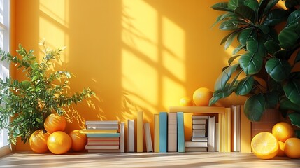 Wall Mural - vibrant 3d render of an online education setup with a stack of books and a digital bookshelf set aga