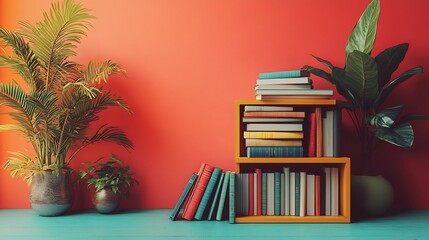 Wall Mural - vibrant 3d render of an online education setup with a stack of books and a digital bookshelf set aga