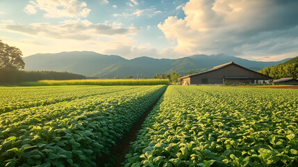 Wall Mural - Japanese farm landscape with soybean fields and traditional natto production, transitioning to modern supplement manufacturing, health and natural origins concept