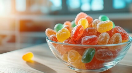 A captivating image of colorful jelly beans arranged in a glass bowl, showcasing an enticing treat that evokes nostalgia and sweetness in everyday life.