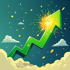Wall Mural - stock market high profit concept, illustration of green arrow goes upwards with explosion, represent