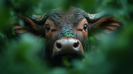 A striking view of a bull's face framed by dense green leaves, illustrating the beauty and majesty of wildlife in its natural habitat and evoking feelings of curiosity.