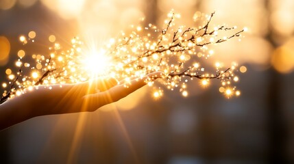 Wall Mural - glowing branch held in gentle hands, golden light
