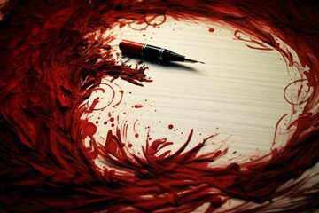 Wall Mural - Elegant fountain pen lying on blank paper framed by dynamic red paint strokes, creating a dramatic and artistic backdrop