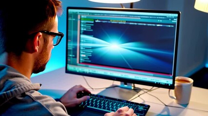 Focused web developer in his early 30s coding on a dual-monitor setup in a high-tech workspace.