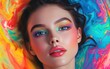 © Marina - A close-up portrait of a young woman with vibrant makeup, set against a dynamic and colorful 3D abstract background.