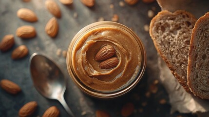 Wall Mural - Photorealistic flatlay image featuring almond butter almonds and breadama