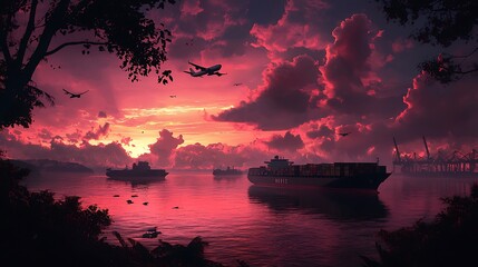 Sticker - Serene sunset over a busy harbor with ships and planes amidst colorful clouds