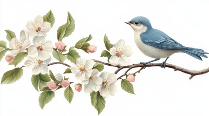 Naklejka na meble Blue bird perched on a blossoming branch surrounded by white flowers in a serene setting